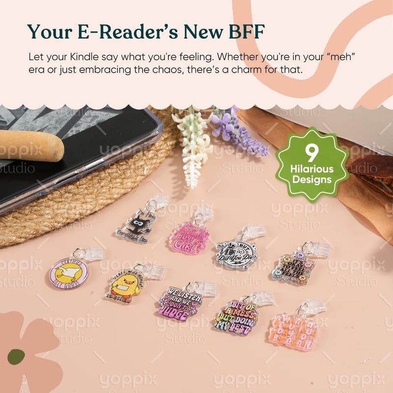 YOPPIX 9PCS Charms for E-Reader, About Fun Theme Dust Plug Charm Compatible with Type C Charging Port, Gift for Book Lover Readers Men Women Teachers Students, Accessories for E-Reader - Image 2